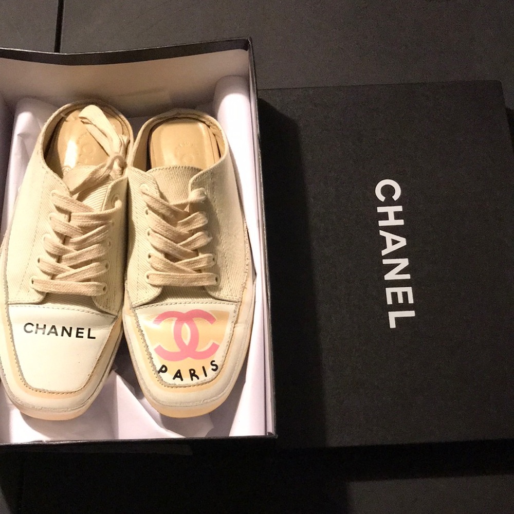 CHANEL calfskin/nylon mule sneakers-ivory size 38(8 US)